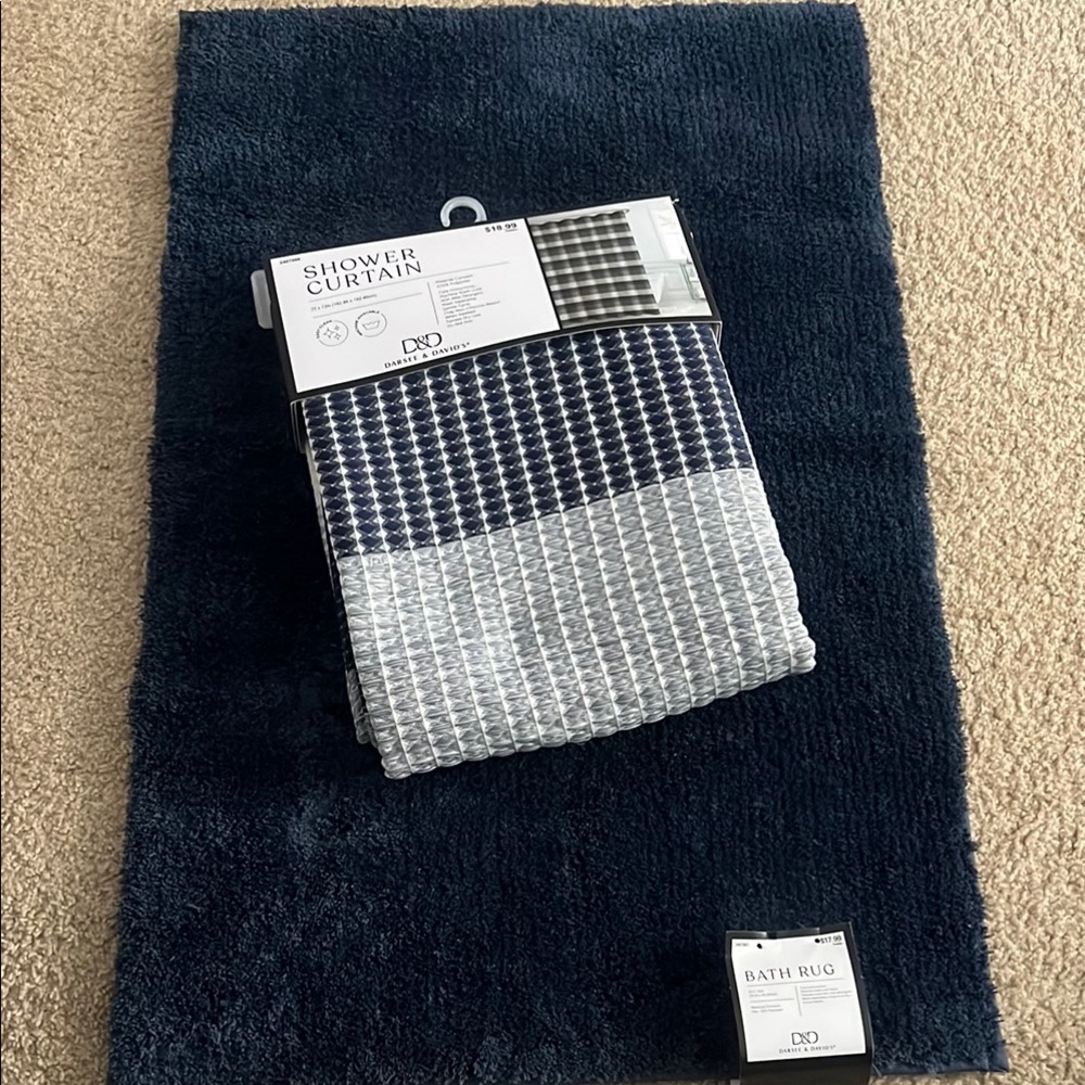 Navy and Gray Shower Curtain and Bath Rug Set